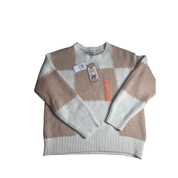 Bearpaw Checkered Crew Neck Sweater Women's Medium Tan & White NEW - Picture 9 of 9